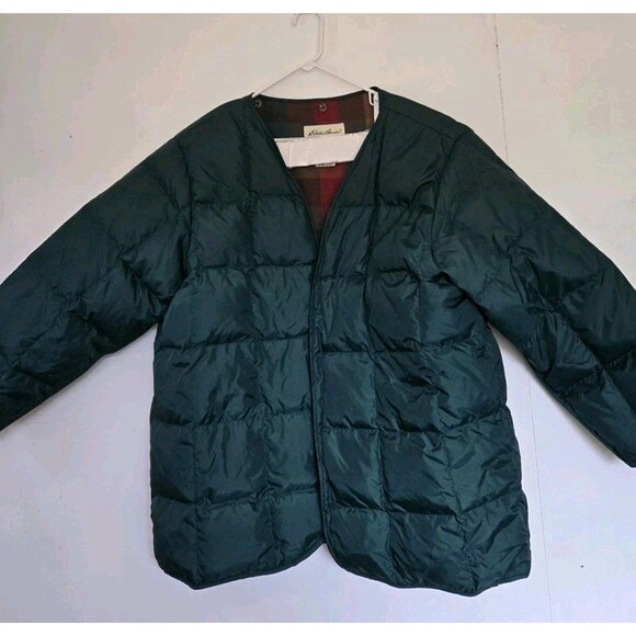 VTG Eddie Bauer Mens L Goose Down Puffer Jacket Green Snap Button Coat 90s Y2k - Picture 1 of 9